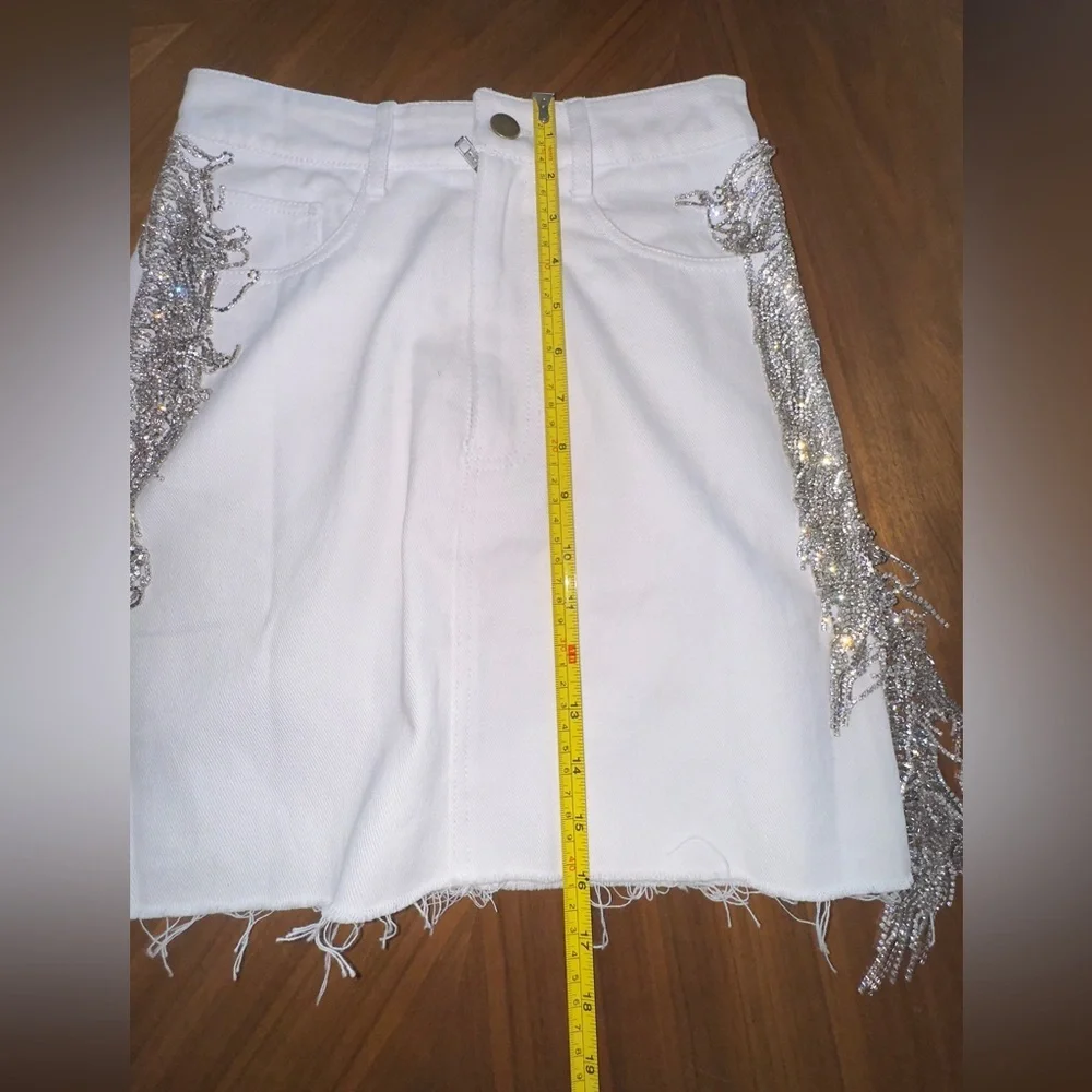 HOUSE OF MUAMUA Crystal Fringe White Denim Skirt